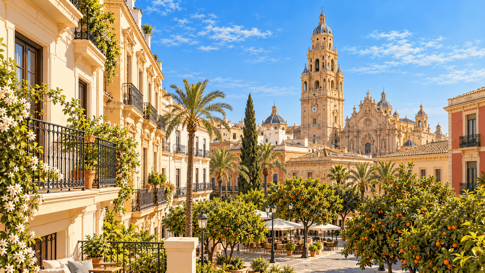 10 Murcia Recreación de una plaza residencial inspirada en Murcia, con naranjos y arquitectura histórica.
